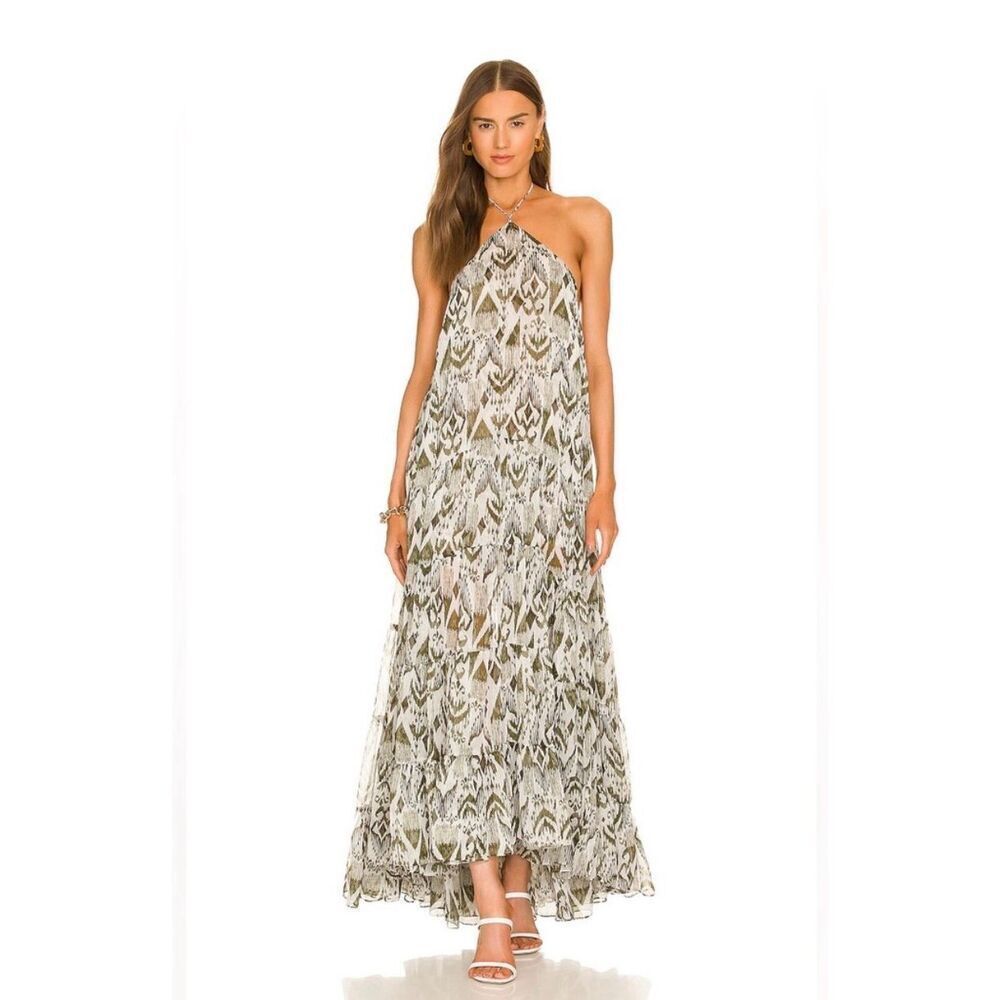 Misa Los Angeles Andromeda Ikat Print Halter Maxi Dress Moss Green, White Size L